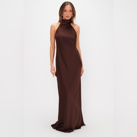 Show Me Your MuMu Dresses & Skirts - Show Me Your MuMu Brown Satin Halter Maxi Dress